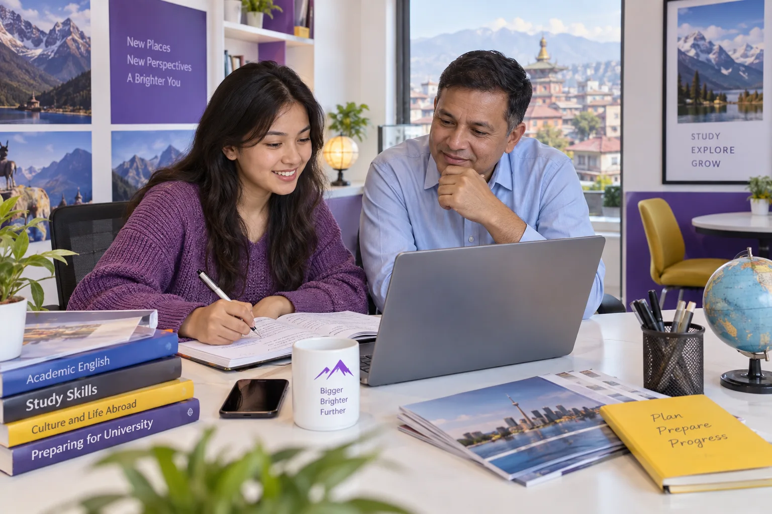Nepali student discussing plans with a parent practising English writing or reading on a laptop beside study books, as preparation for Canadian university study for Canada study planning