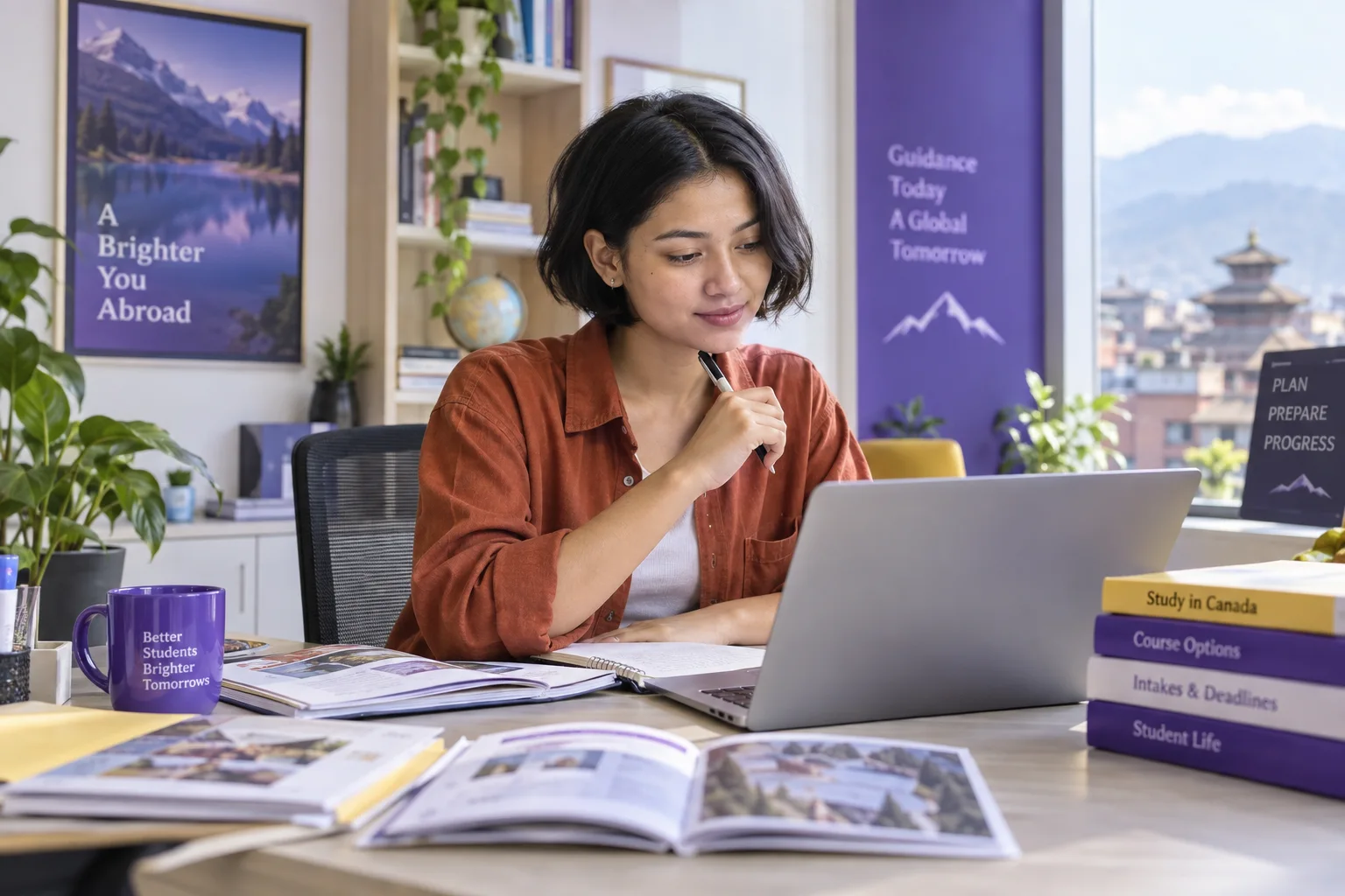 Young Nepali woman with a short bob comparing Canadian university courses and intake options using a laptop and notebook for Canada study planning