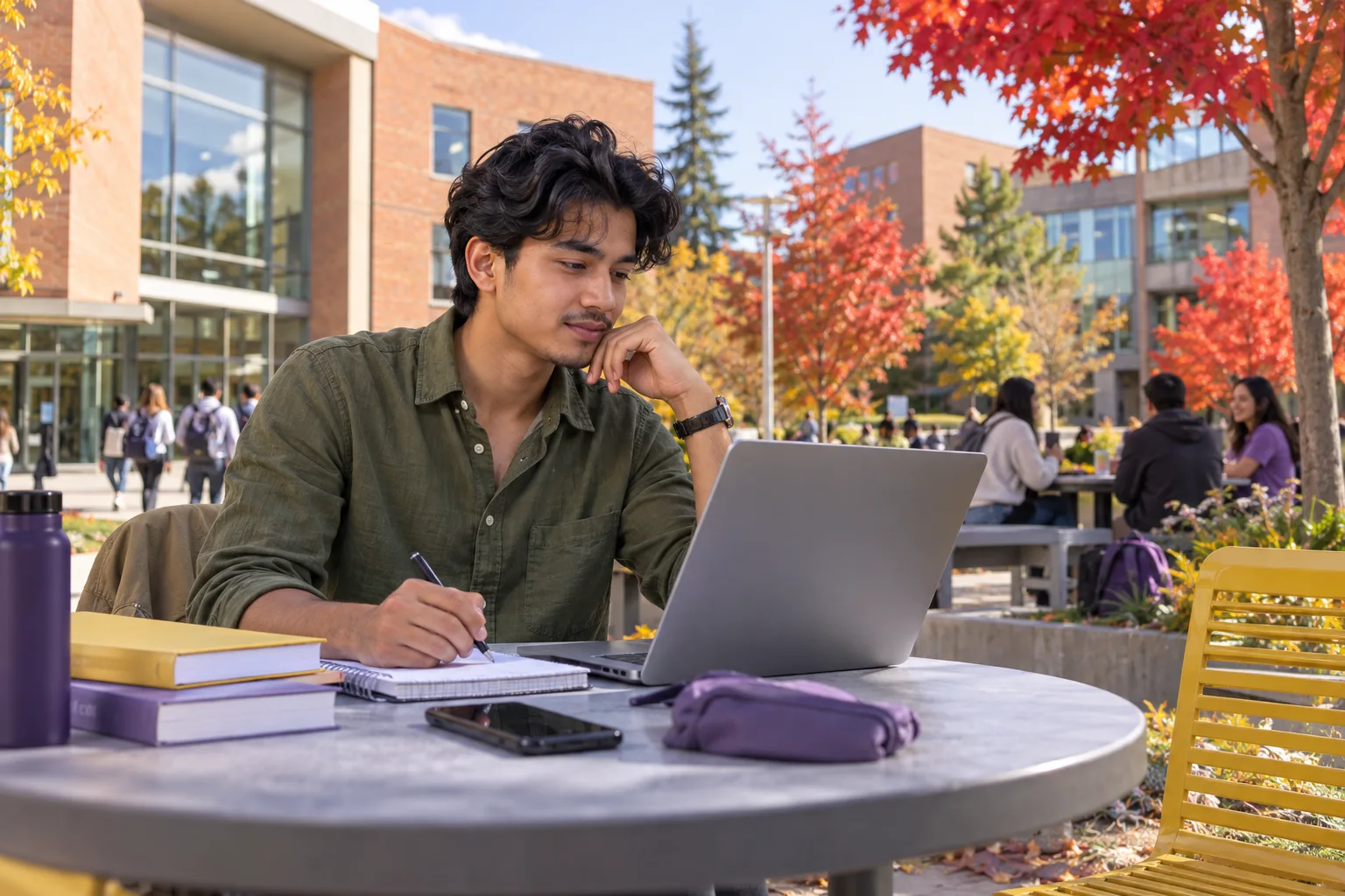 Young Nepali man with wavy hair comparing Canadian university courses and intake options using a laptop and notebook for Canada study planning