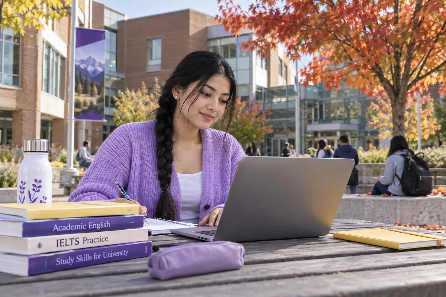 Young Nepali woman with a long braid practising English writing or reading on a laptop beside study books, as preparation for Canadian university study for Canada study planning