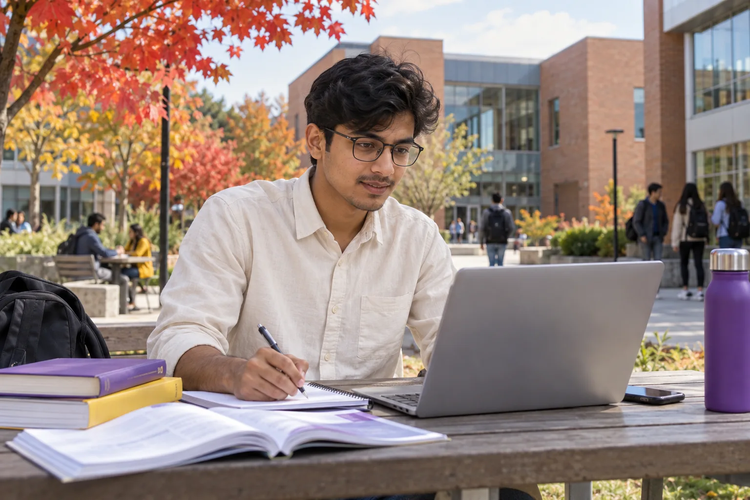 Young Nepali man with glasses practising English writing or reading on a laptop beside study books, as preparation for Canadian university study for Canada study planning
