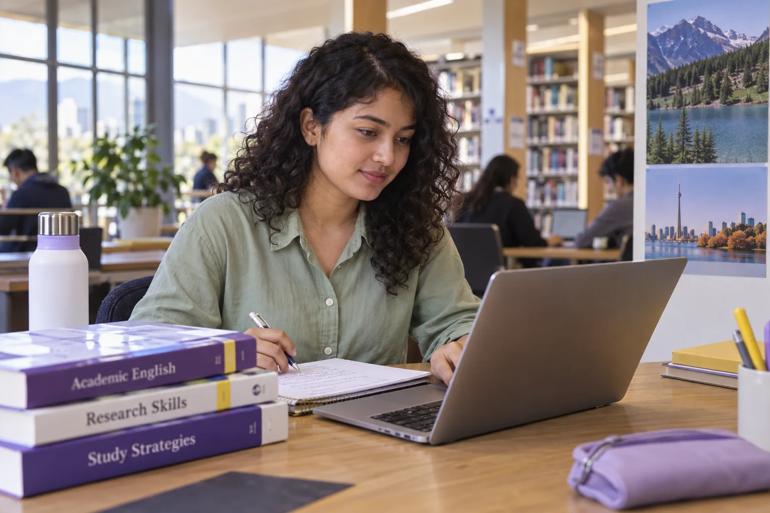 Young Nepali woman with curly hair practising English writing or reading on a laptop beside study books, as preparation for Canadian university study for Canada study planning