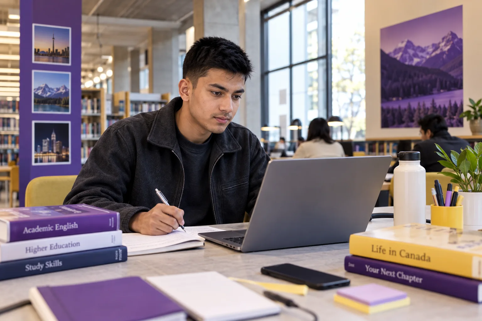 Young Nepali man with cropped hair practising English writing or reading on a laptop beside study books, as preparation for Canadian university study for Canada study planning