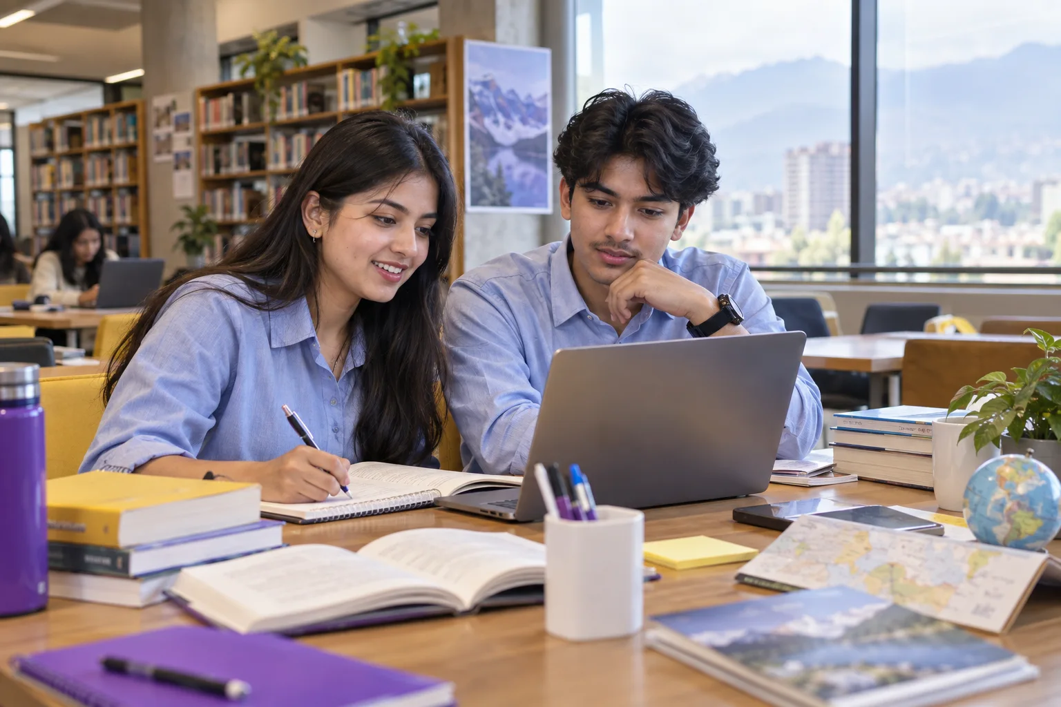 Two Nepali students, one woman and one man practising English writing or reading on a laptop beside study books, as preparation for Canadian university study for Canada study planning