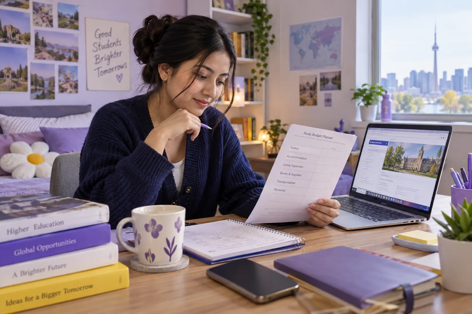 Young Nepali woman with tied-back hair comparing a personal study budget worksheet and university tuition information on a laptop for Canada study planning
