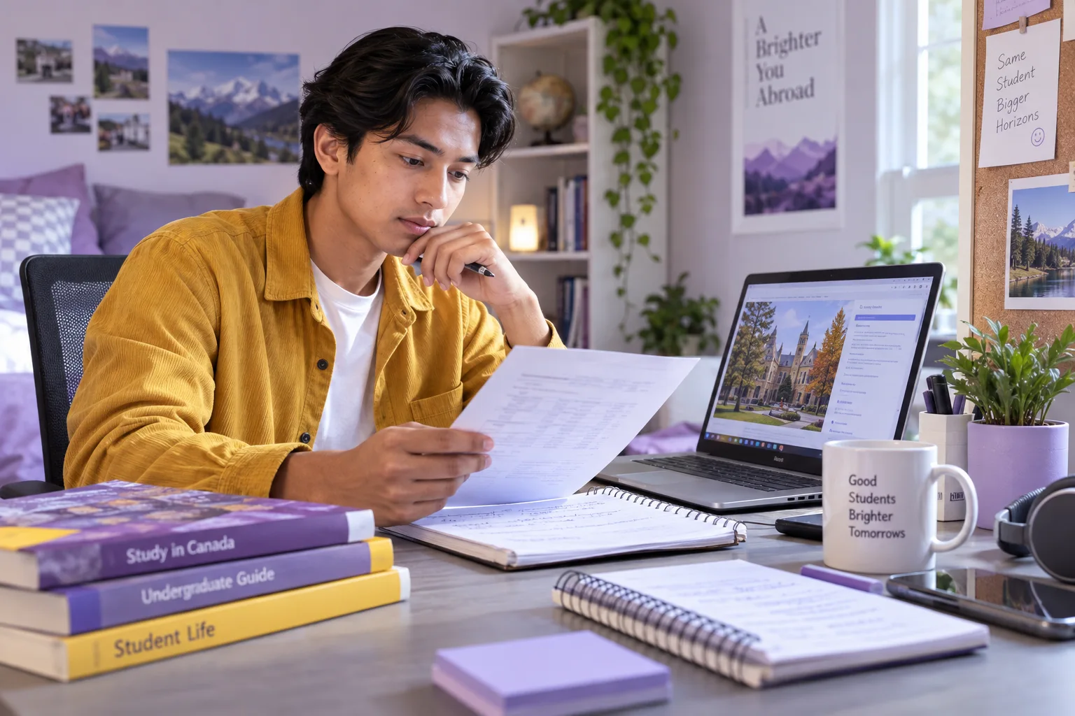 Young Nepali man with swept-back hair comparing a personal study budget worksheet and university tuition information on a laptop for Canada study planning