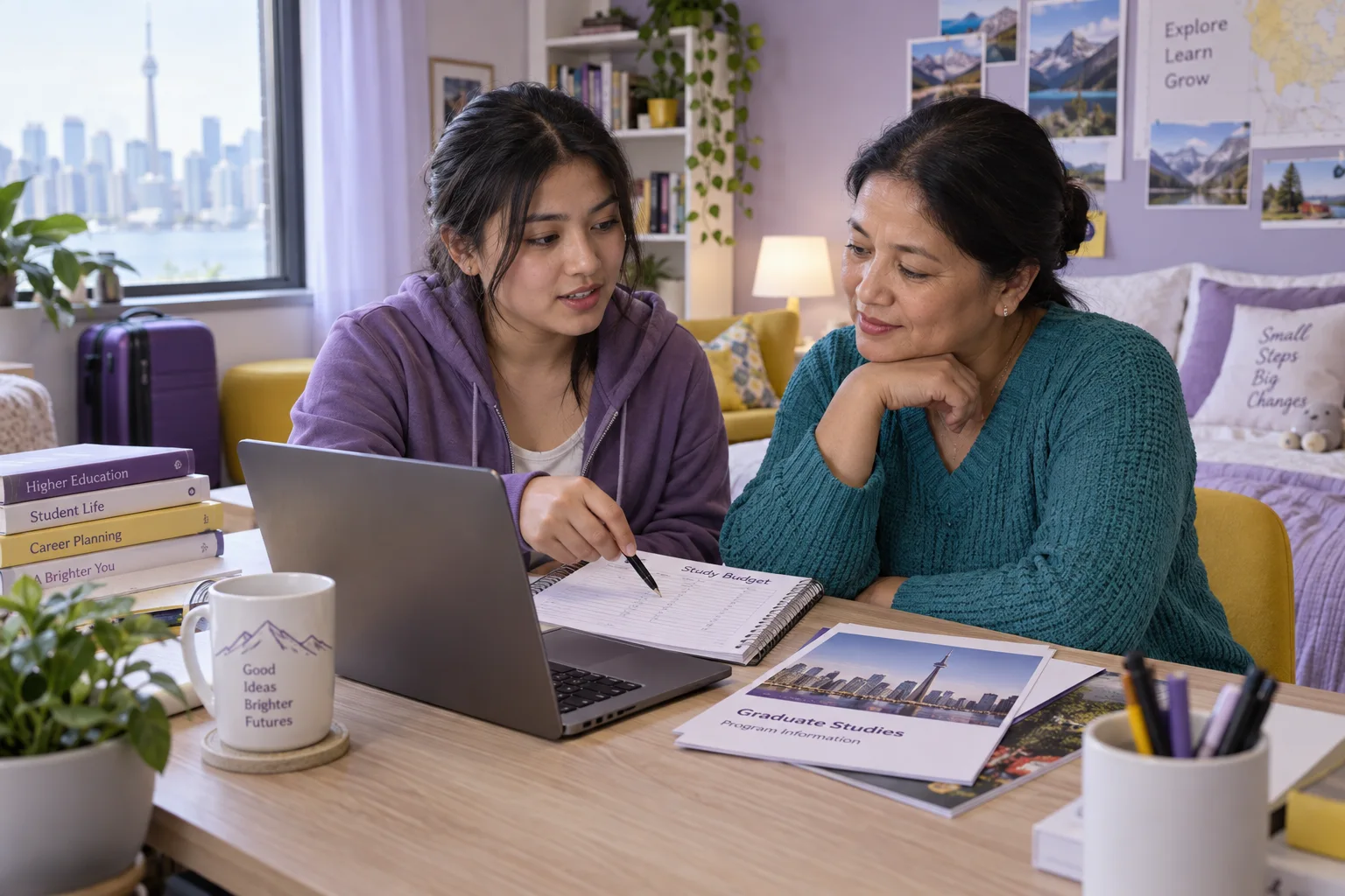 Nepali student discussing plans with a parent comparing a personal study budget worksheet and university tuition information on a laptop for Canada study planning