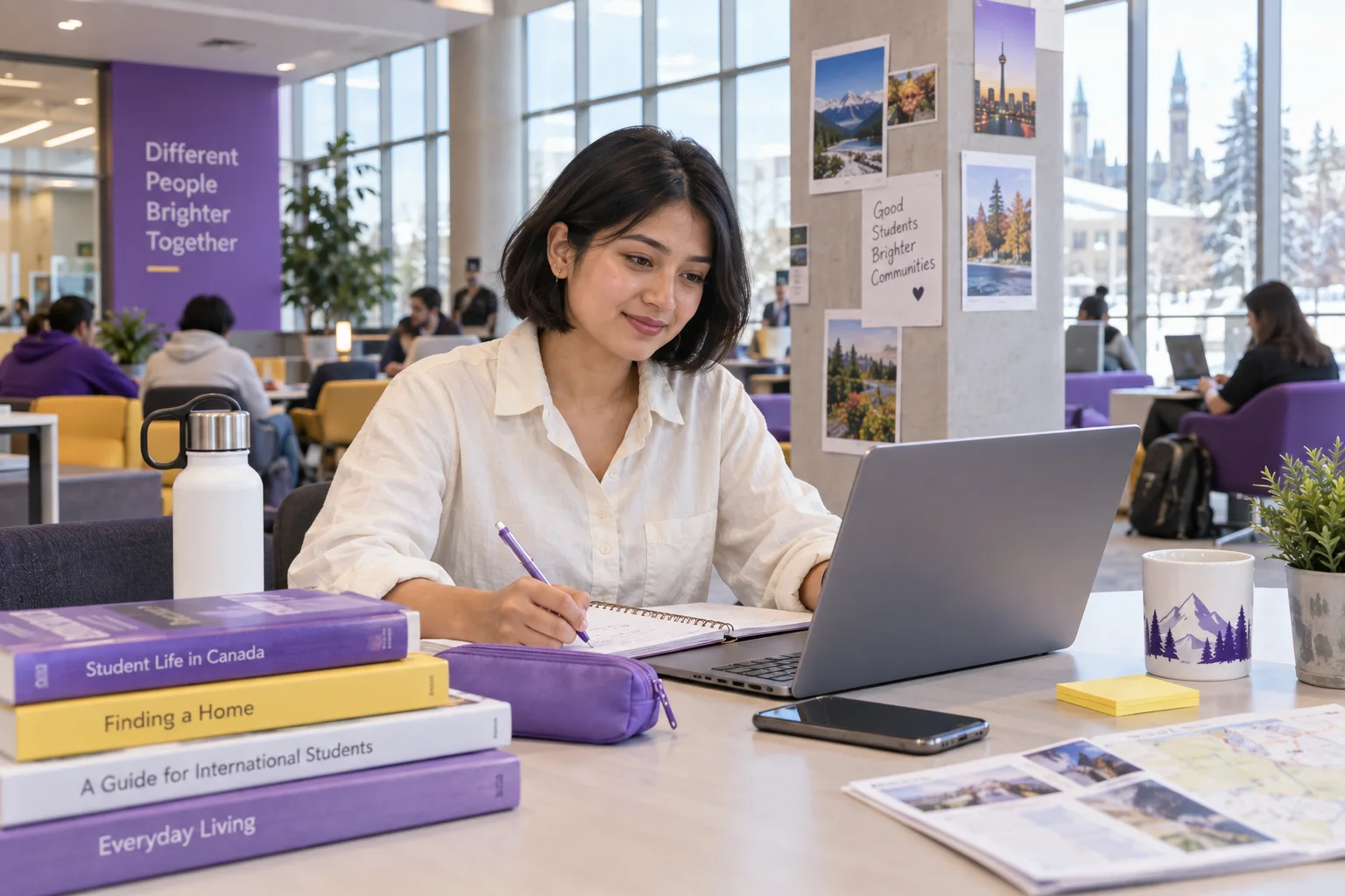 Young Nepali woman with a short bob planning student accommodation and everyday campus life with a notebook and laptop in a welcoming Canada study setting for Canada study planning