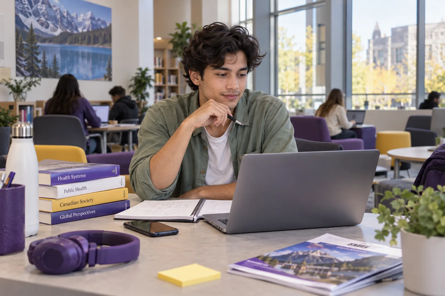 Young Nepali man with wavy hair comparing Canadian university courses and intake options using a laptop and notebook for Canada study planning