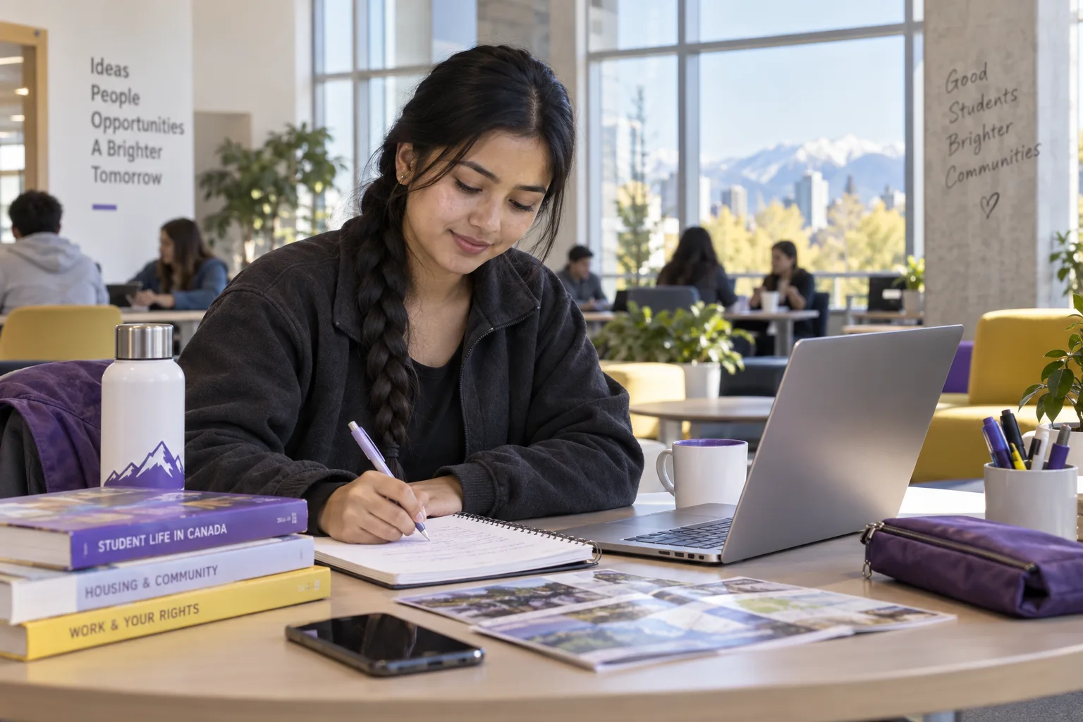 Young Nepali woman with a long braid planning student accommodation and everyday campus life with a notebook and laptop in a welcoming Canada study setting for Canada study planning