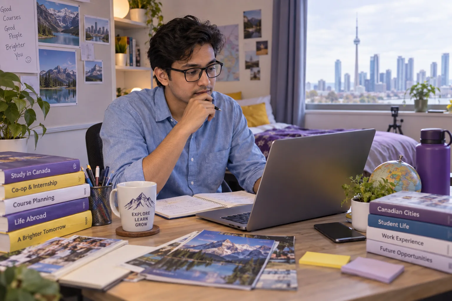 Young Nepali man with glasses comparing Canadian university courses and intake options using a laptop and notebook for Canada study planning