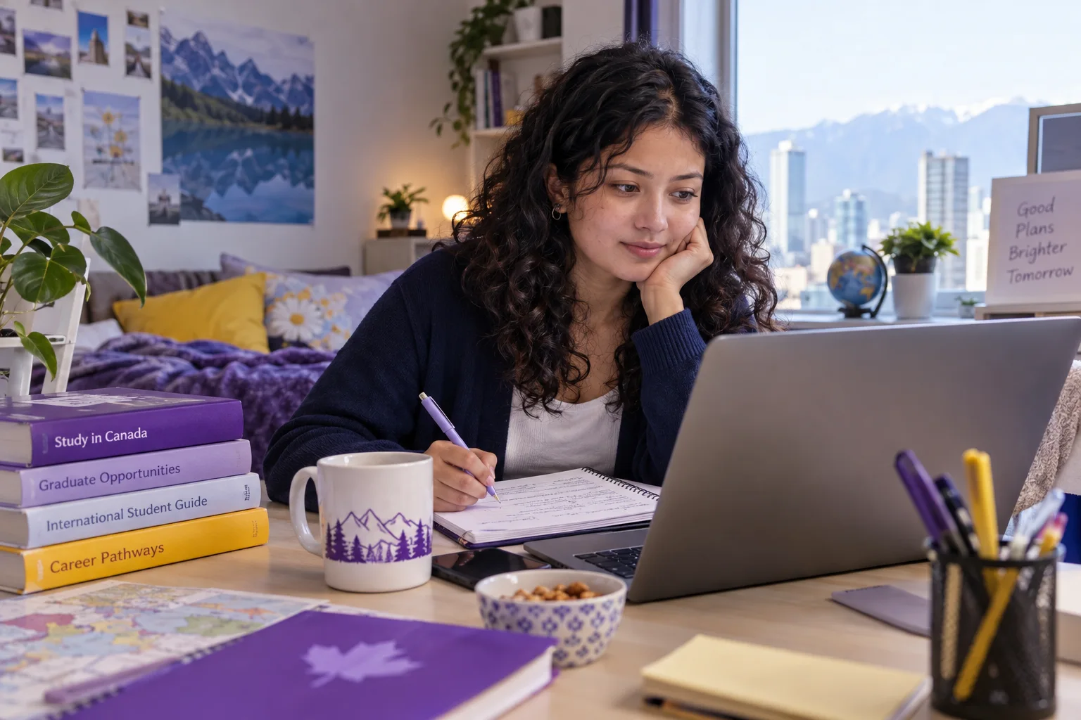 Young Nepali woman with curly hair comparing Canadian university courses and intake options using a laptop and notebook for Canada study planning