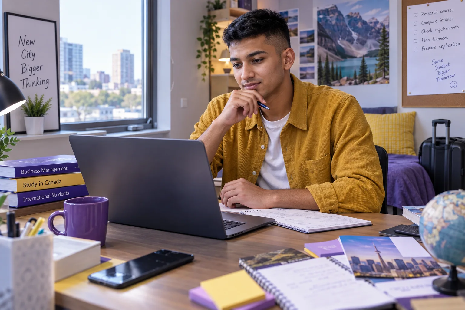 Young Nepali man with cropped hair comparing Canadian university courses and intake options using a laptop and notebook for Canada study planning