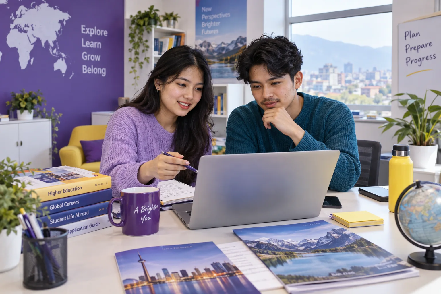 Two Nepali students, one woman and one man comparing Canadian university courses and intake options using a laptop and notebook for Canada study planning