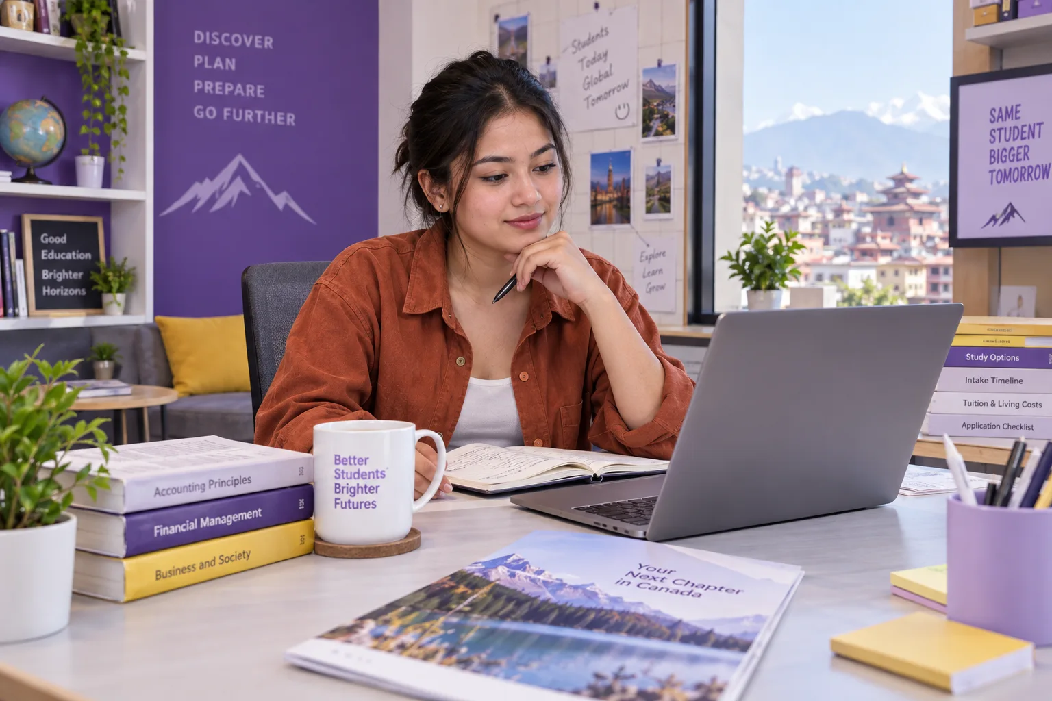 Young Nepali woman with tied-back hair comparing Canadian university courses and intake options using a laptop and notebook for Canada study planning