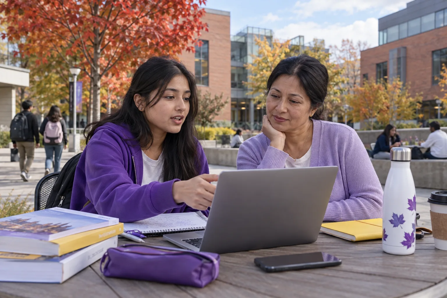 Nepali student discussing plans with a parent comparing Canadian university courses and intake options using a laptop and notebook for Canada study planning