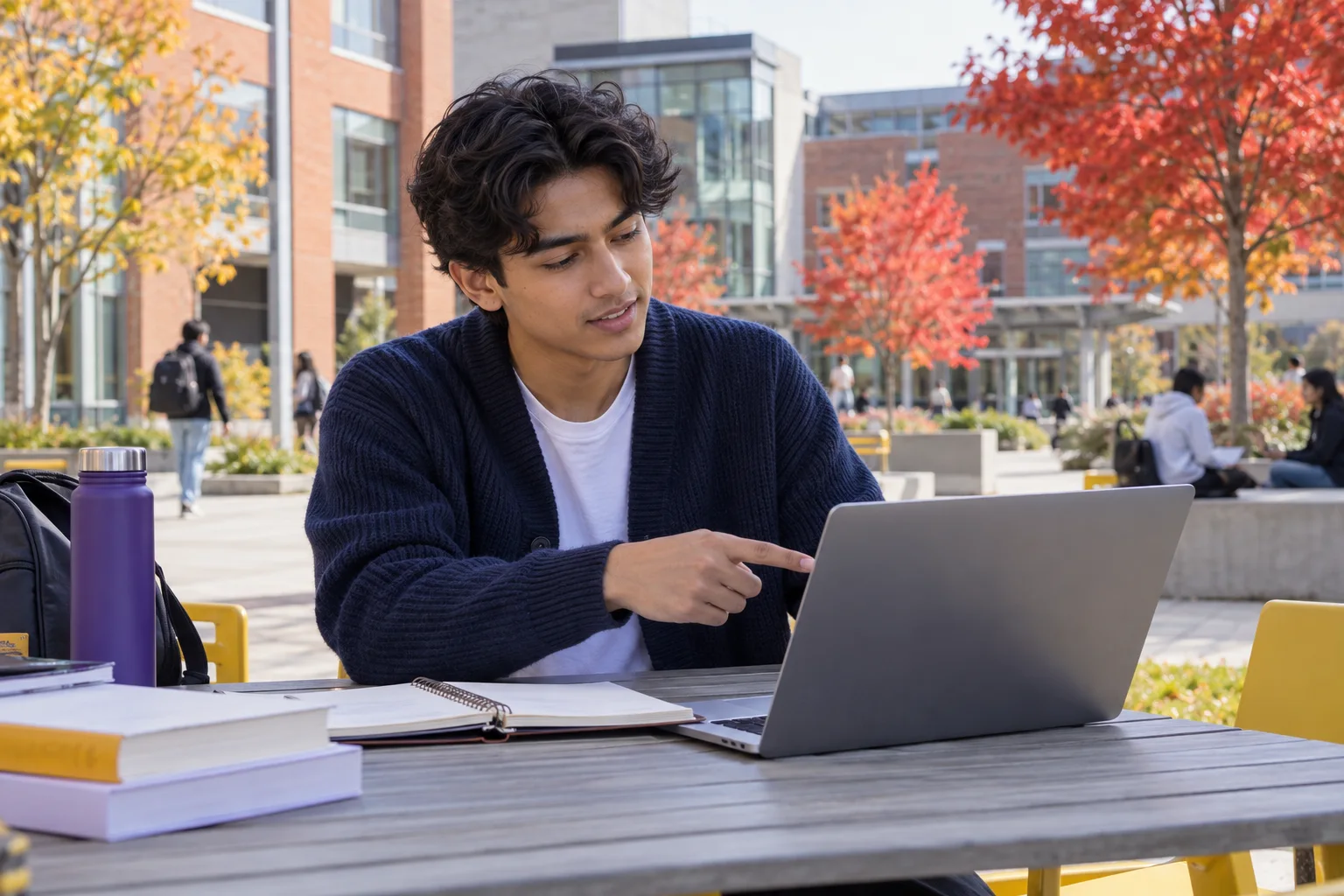 Young Nepali man with wavy hair comparing Canadian university courses and intake options using a laptop and notebook for Canada study planning