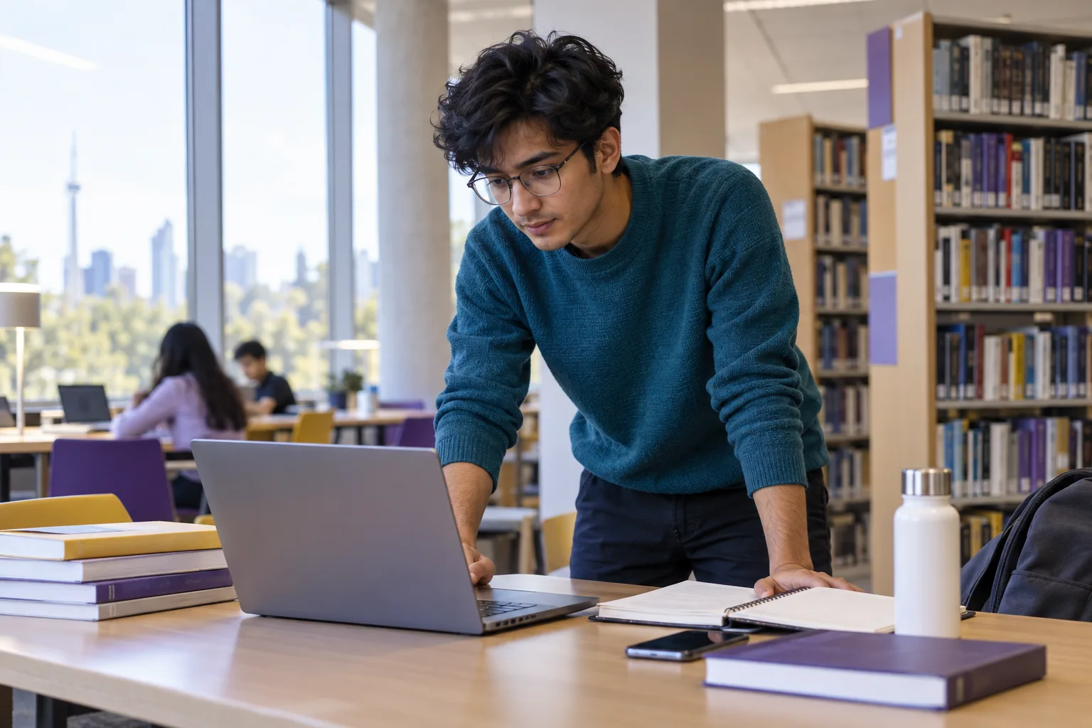 Young Nepali man with glasses comparing Canadian university courses and intake options using a laptop and notebook for Canada study planning