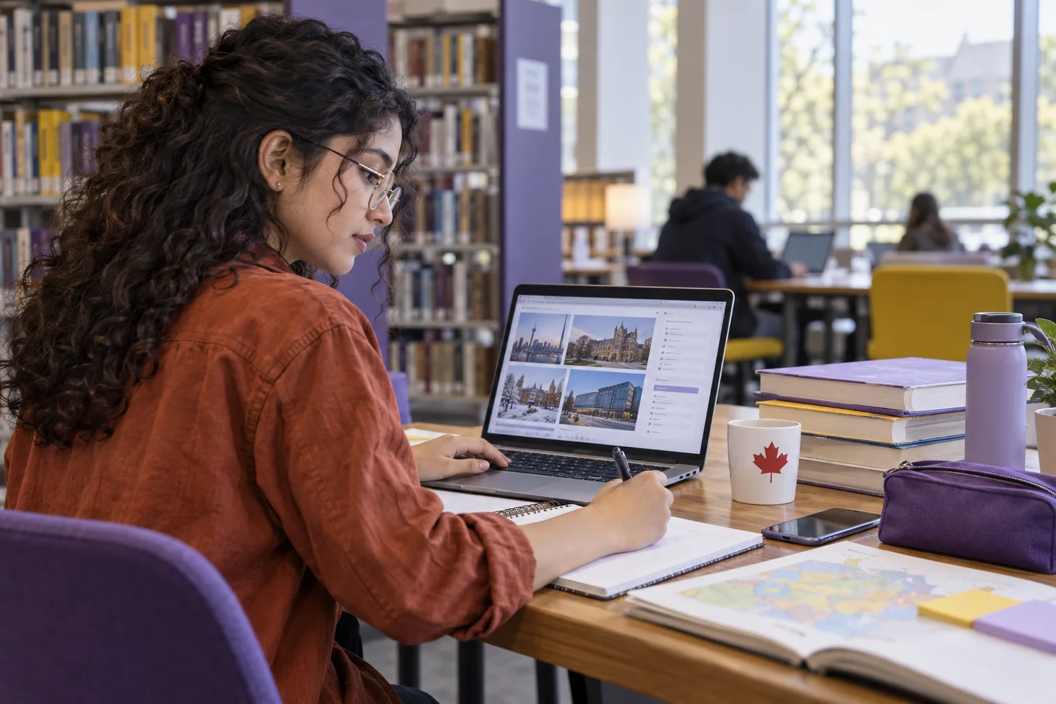 Young Nepali woman with curly hair comparing Canadian university courses and intake options using a laptop and notebook for Canada study planning