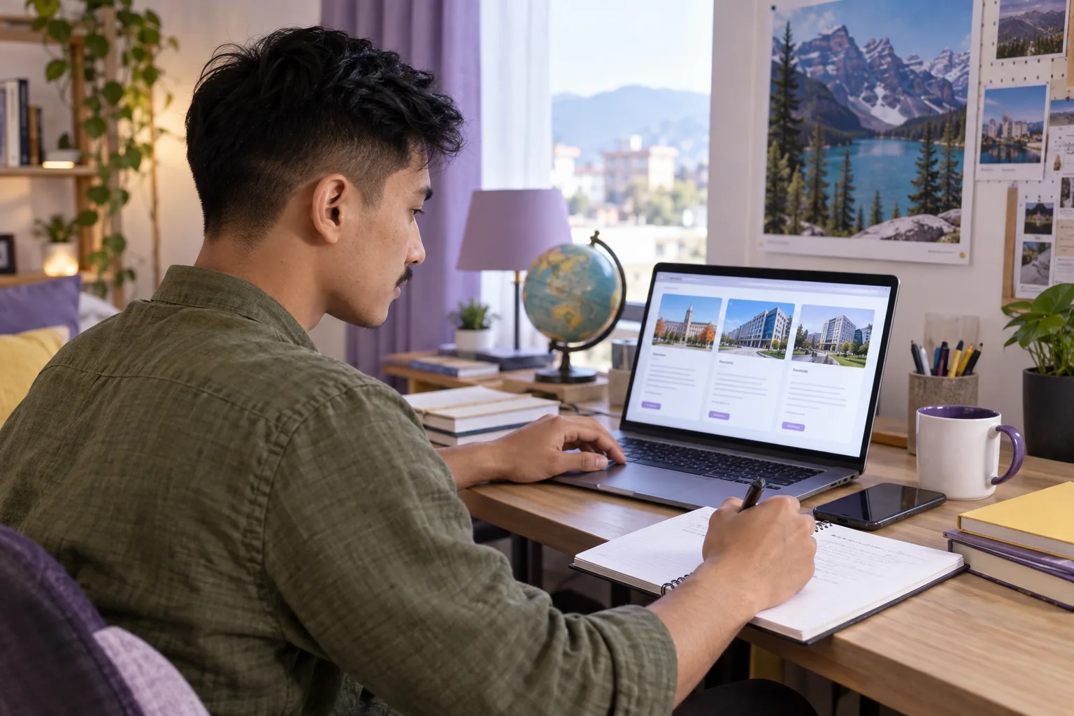 Young Nepali man with cropped hair comparing Canadian university courses and intake options using a laptop and notebook for Canada study planning