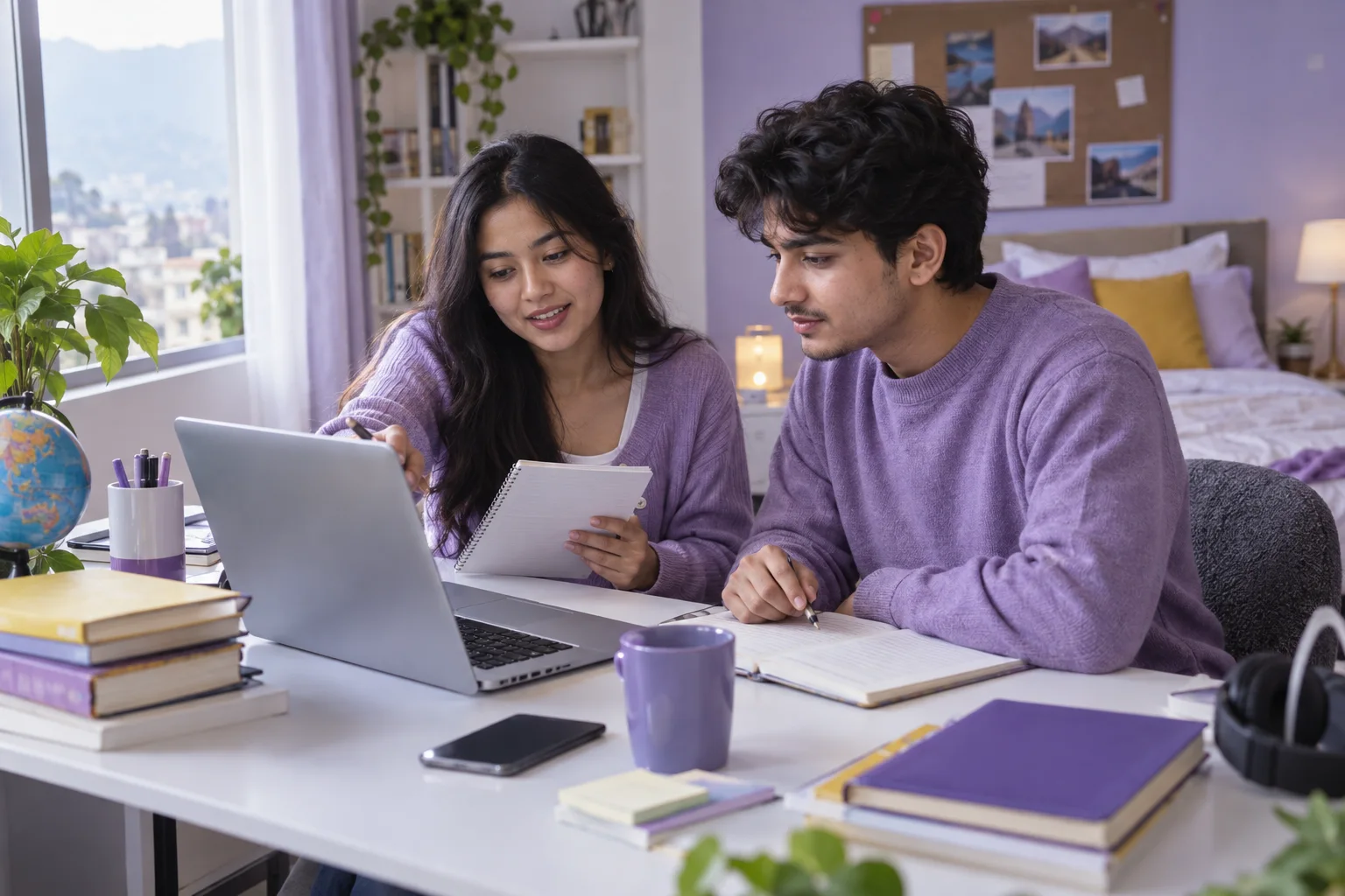 Two Nepali students, one woman and one man comparing Canadian university courses and intake options using a laptop and notebook for Canada study planning