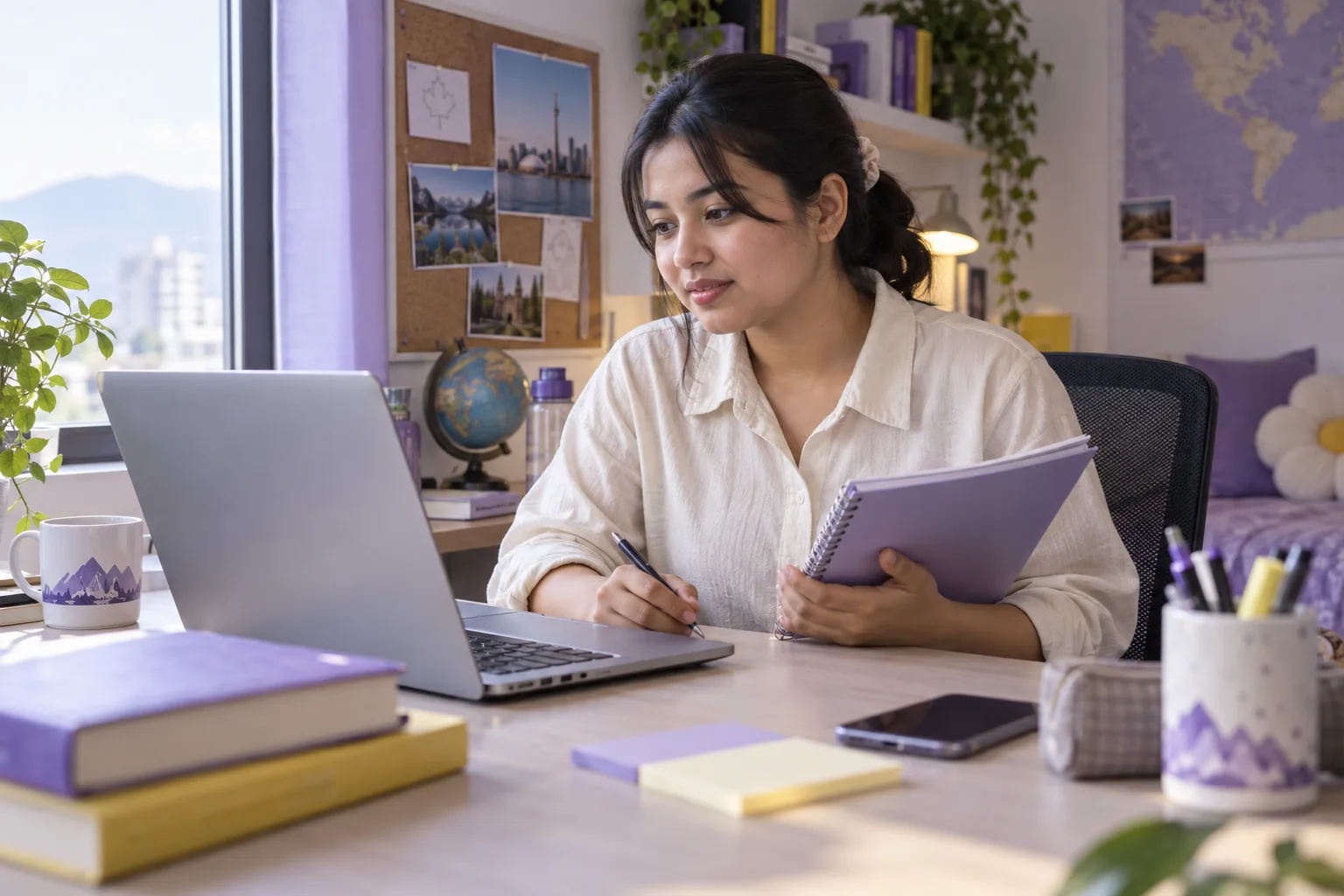 Young Nepali woman with tied-back hair comparing Canadian university courses and intake options using a laptop and notebook for Canada study planning