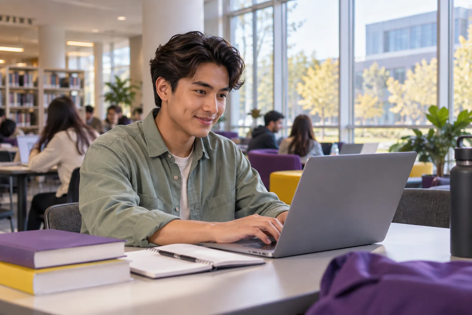 Young Nepali man with swept-back hair comparing Canadian university courses and intake options using a laptop and notebook for Canada study planning
