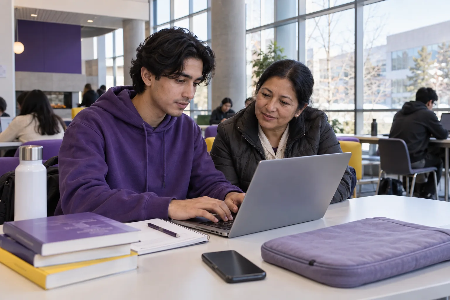 Nepali student discussing plans with a parent comparing Canadian university courses and intake options using a laptop and notebook for Canada study planning