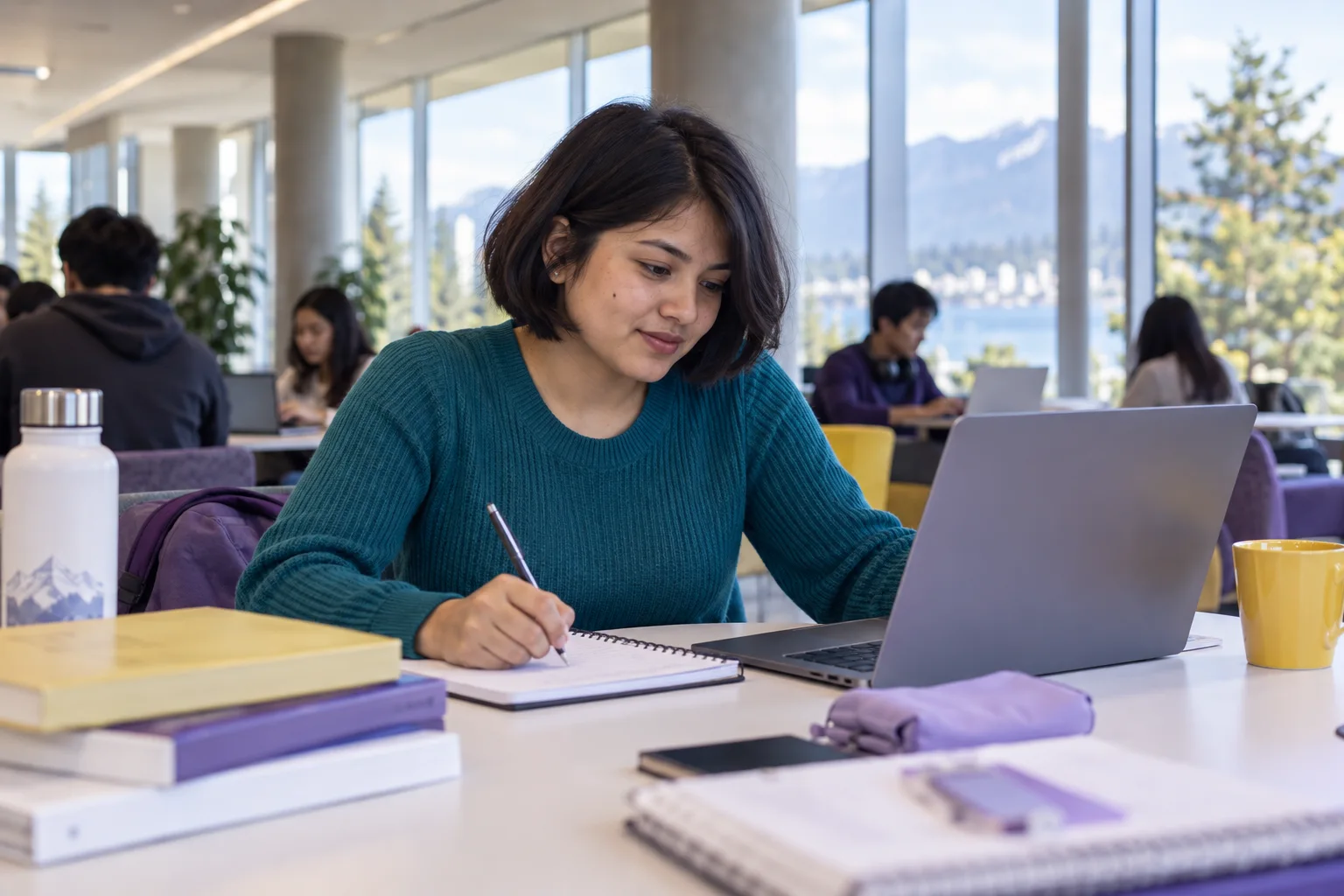 Young Nepali woman with a short bob comparing Canadian university courses and intake options using a laptop and notebook for Canada study planning