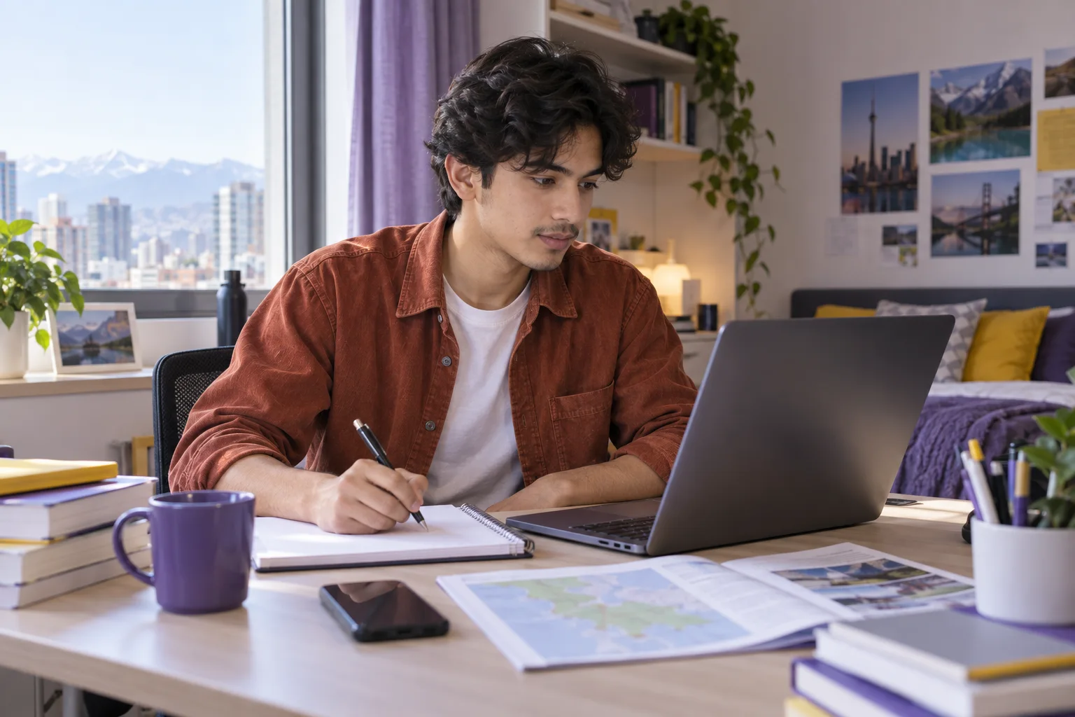 Young Nepali man with wavy hair comparing Canadian university courses and intake options using a laptop and notebook for Canada study planning