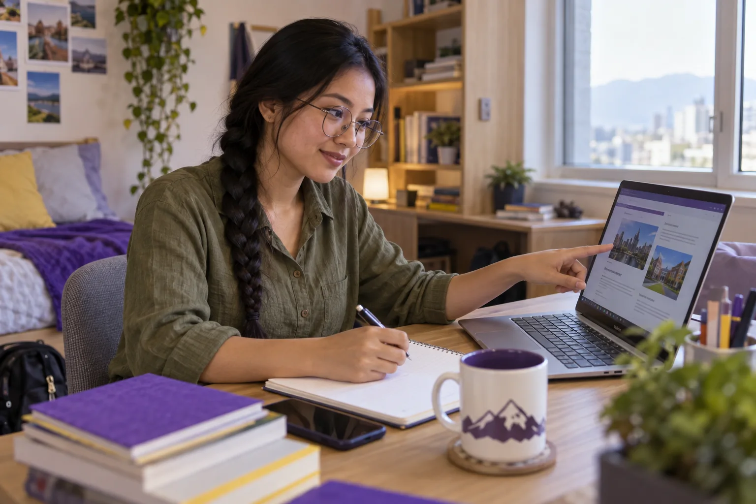 Young Nepali woman with a long braid comparing Canadian university courses and intake options using a laptop and notebook for Canada study planning