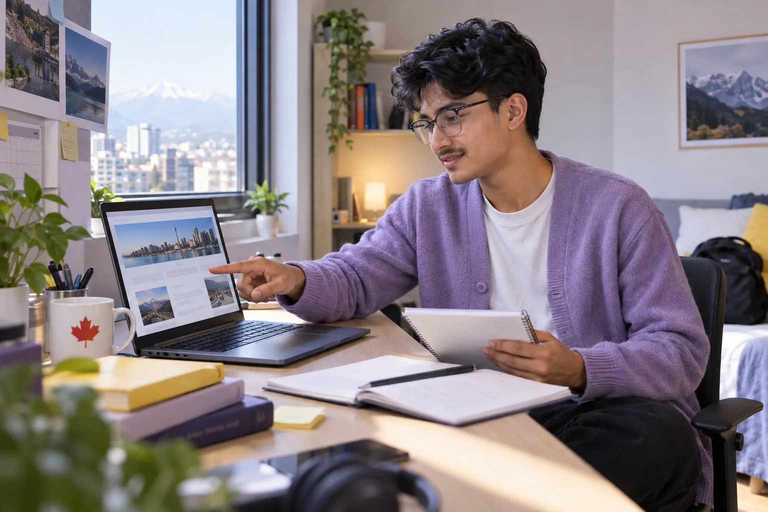 Young Nepali man with glasses comparing Canadian university courses and intake options using a laptop and notebook for Canada study planning