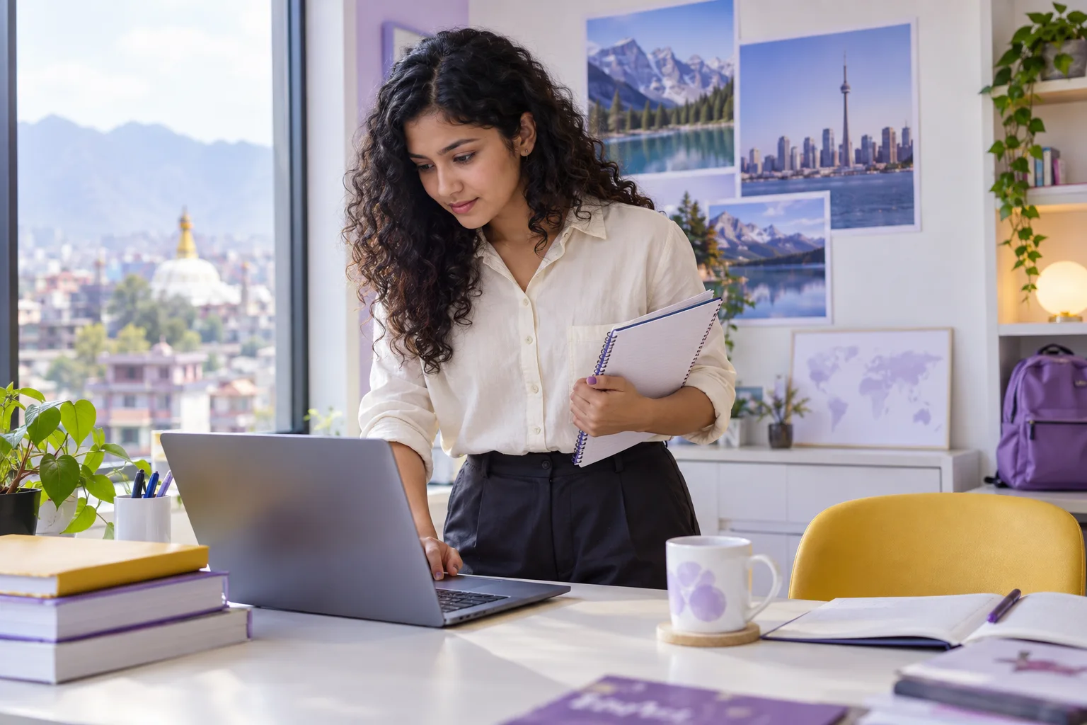 Young Nepali woman with curly hair comparing Canadian university courses and intake options using a laptop and notebook for Canada study planning