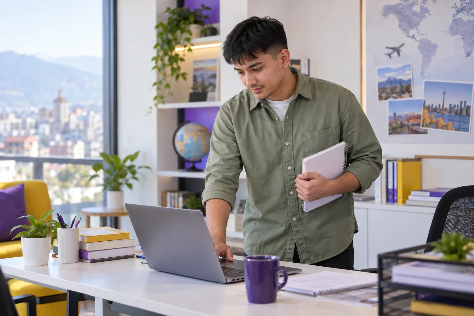Young Nepali man with cropped hair comparing Canadian university courses and intake options using a laptop and notebook for Canada study planning