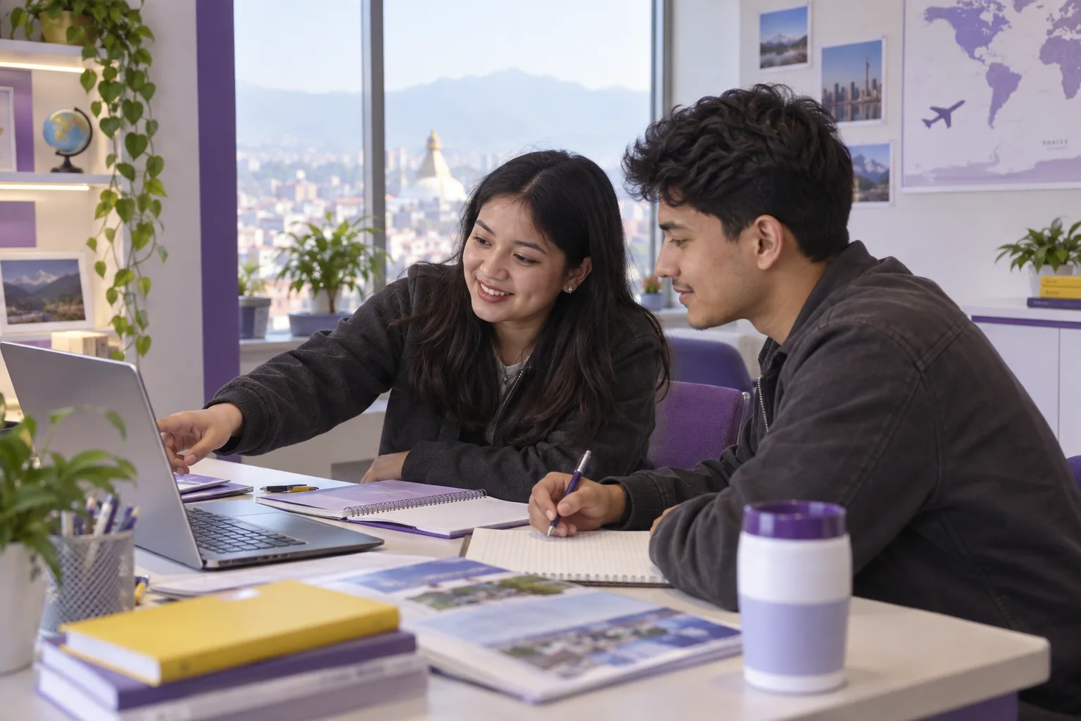 Two Nepali students, one woman and one man comparing Canadian university courses and intake options using a laptop and notebook for Canada study planning