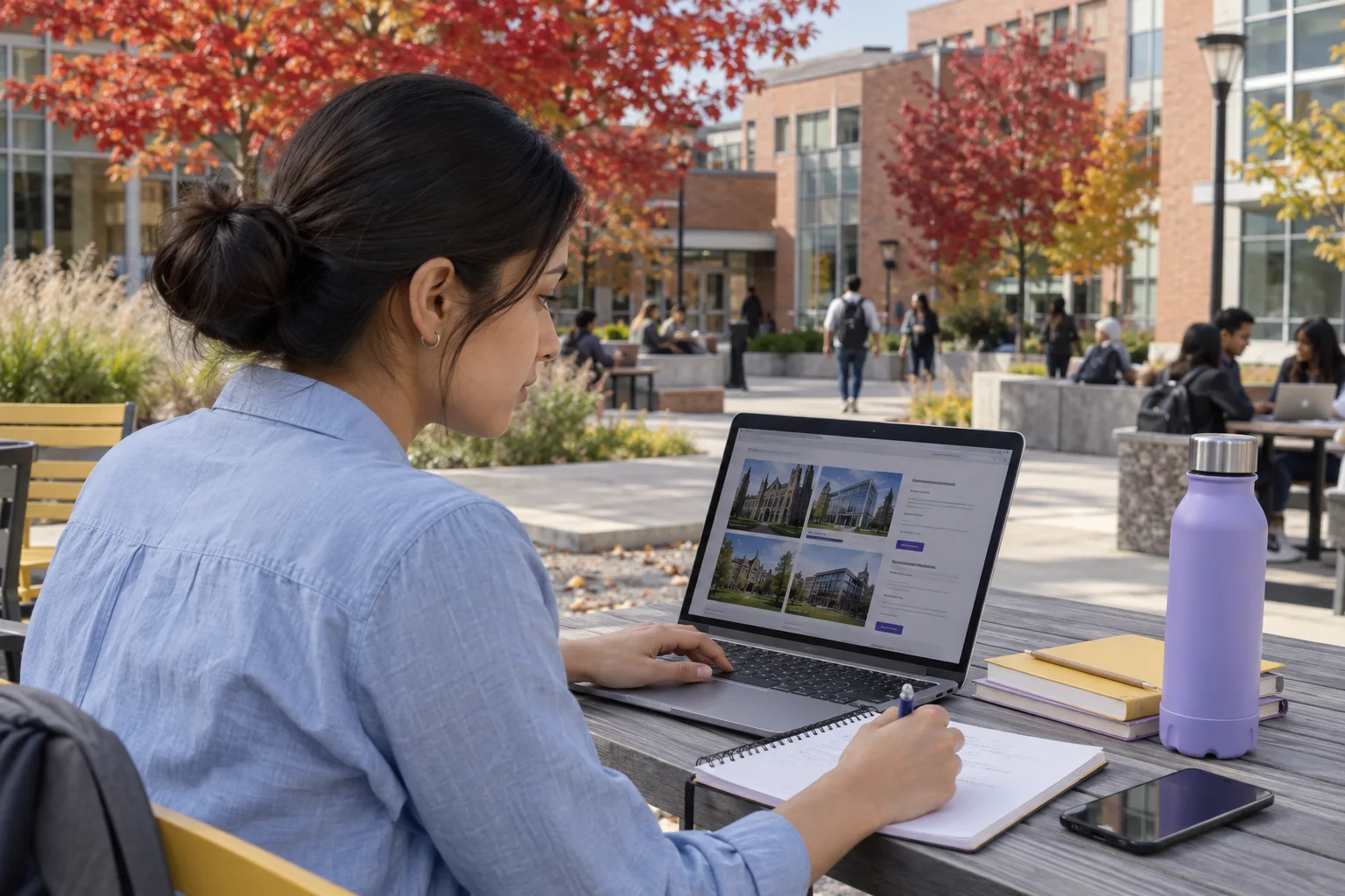Young Nepali woman with tied-back hair comparing Canadian university courses and intake options using a laptop and notebook for Canada study planning