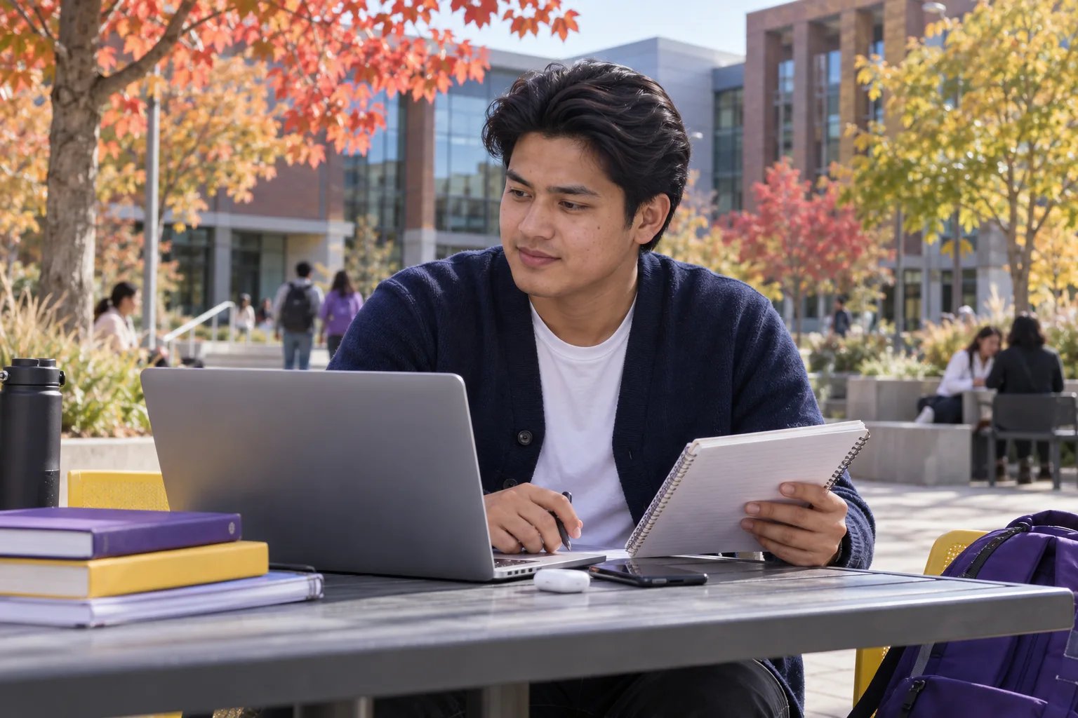 Young Nepali man with swept-back hair comparing Canadian university courses and intake options using a laptop and notebook for Canada study planning