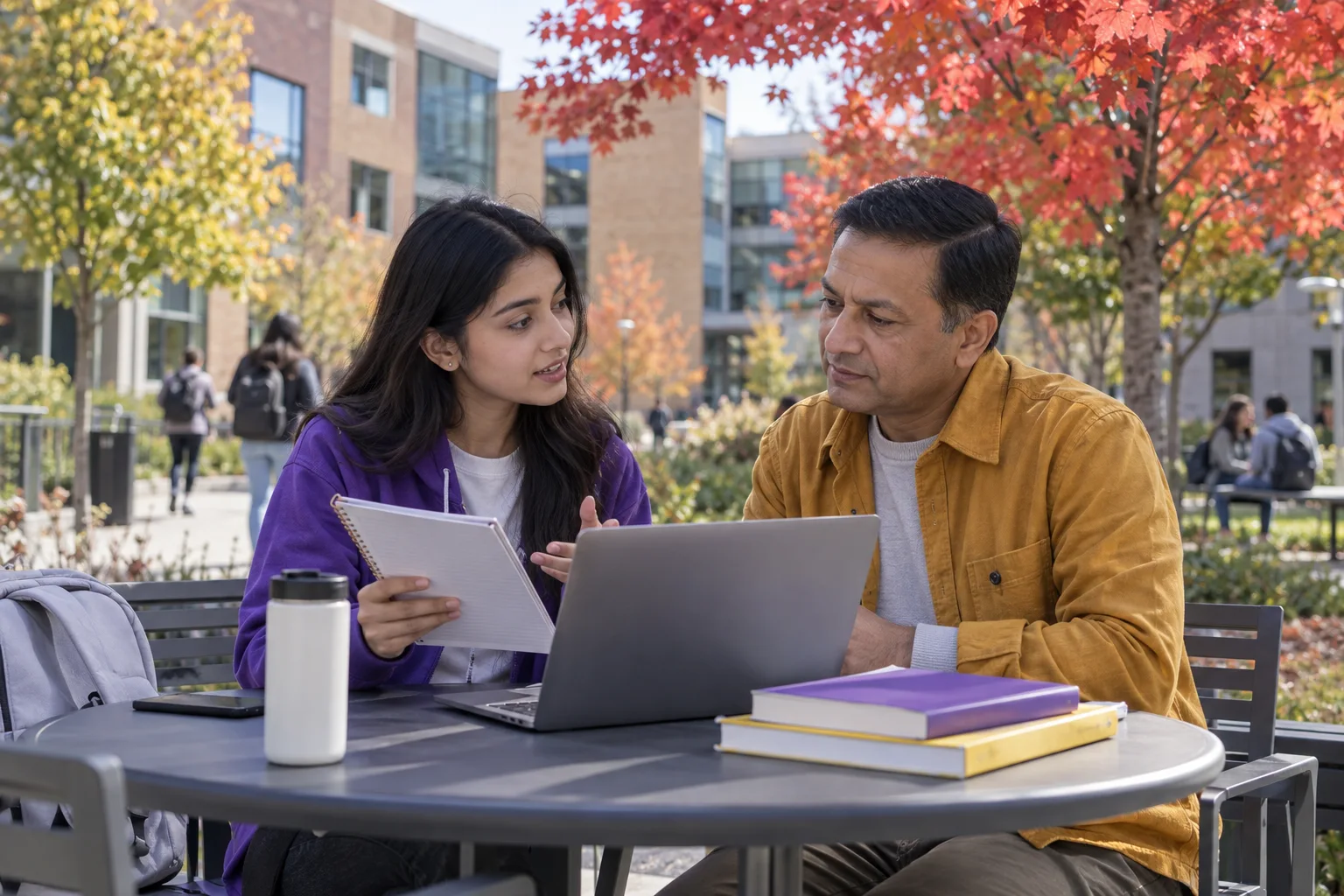 Nepali student discussing plans with a parent comparing Canadian university courses and intake options using a laptop and notebook for Canada study planning