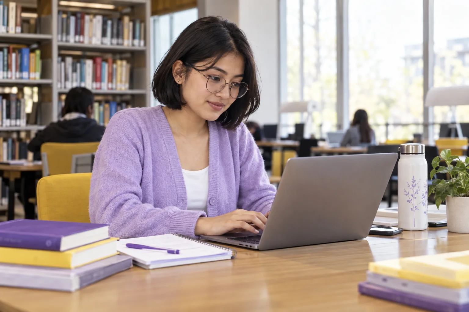 Young Nepali woman with a short bob comparing Canadian university courses and intake options using a laptop and notebook for Canada study planning