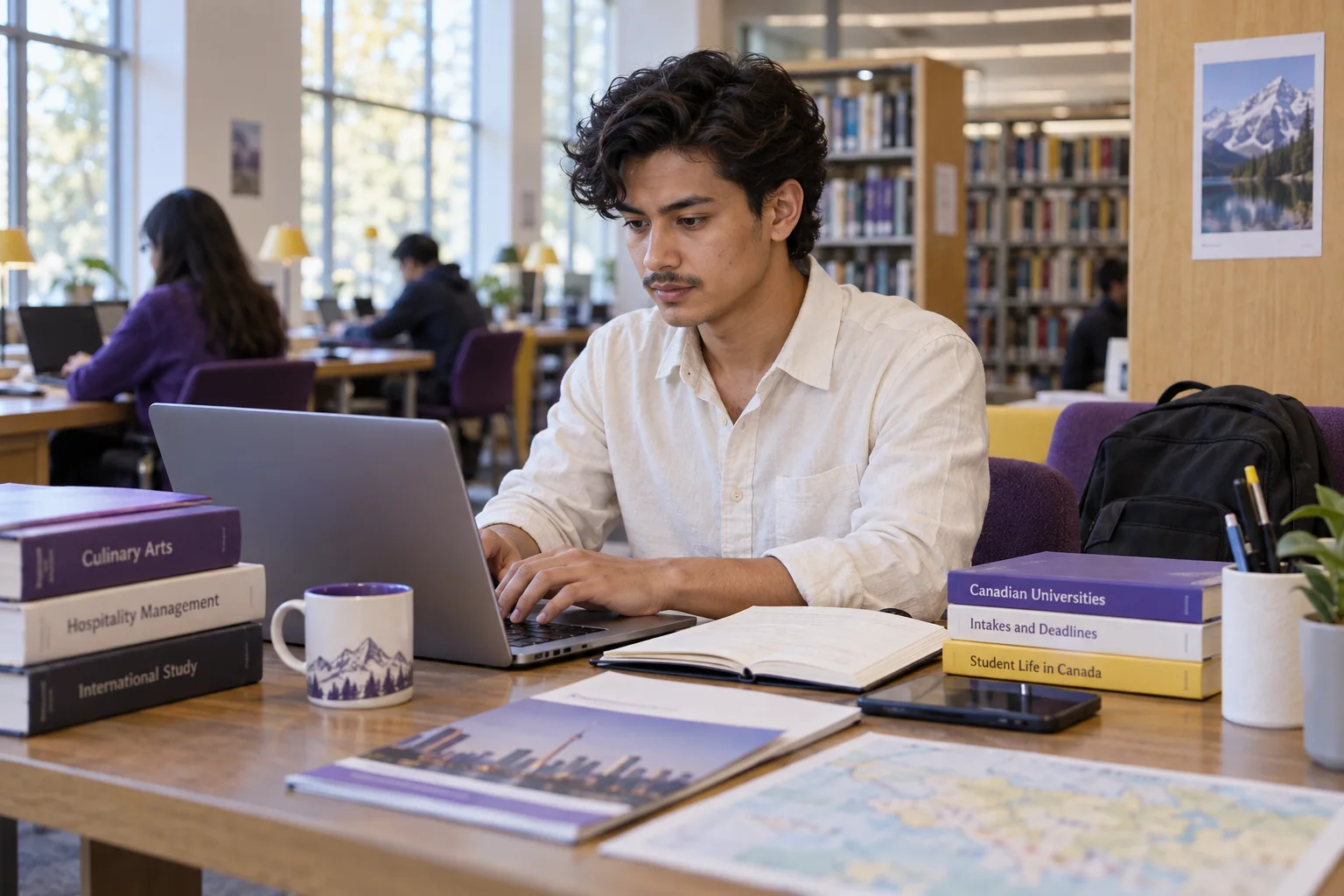 Young Nepali man with wavy hair comparing Canadian university courses and intake options using a laptop and notebook for Canada study planning