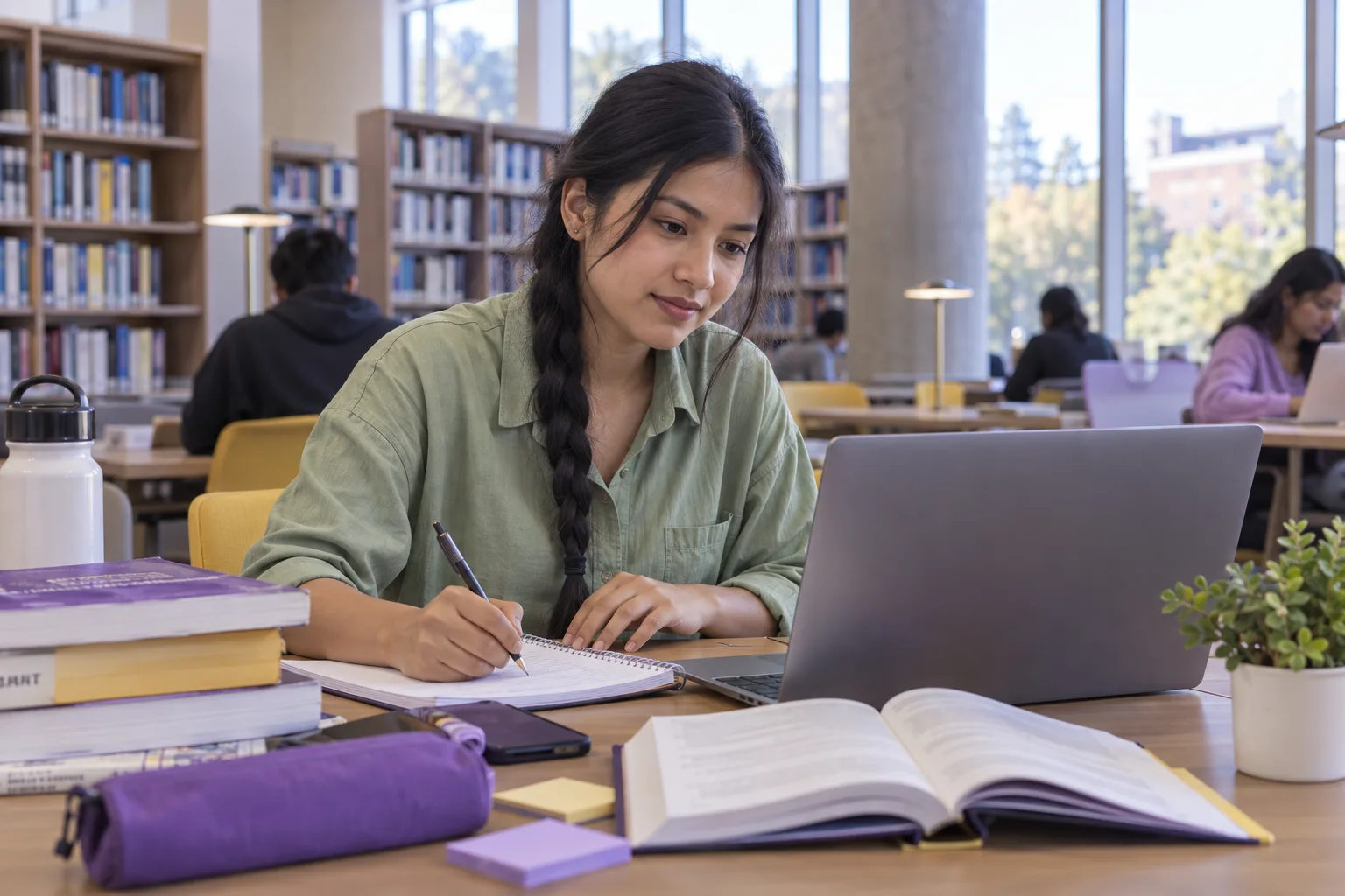 Young Nepali woman with a long braid comparing Canadian university courses and intake options using a laptop and notebook for Canada study planning