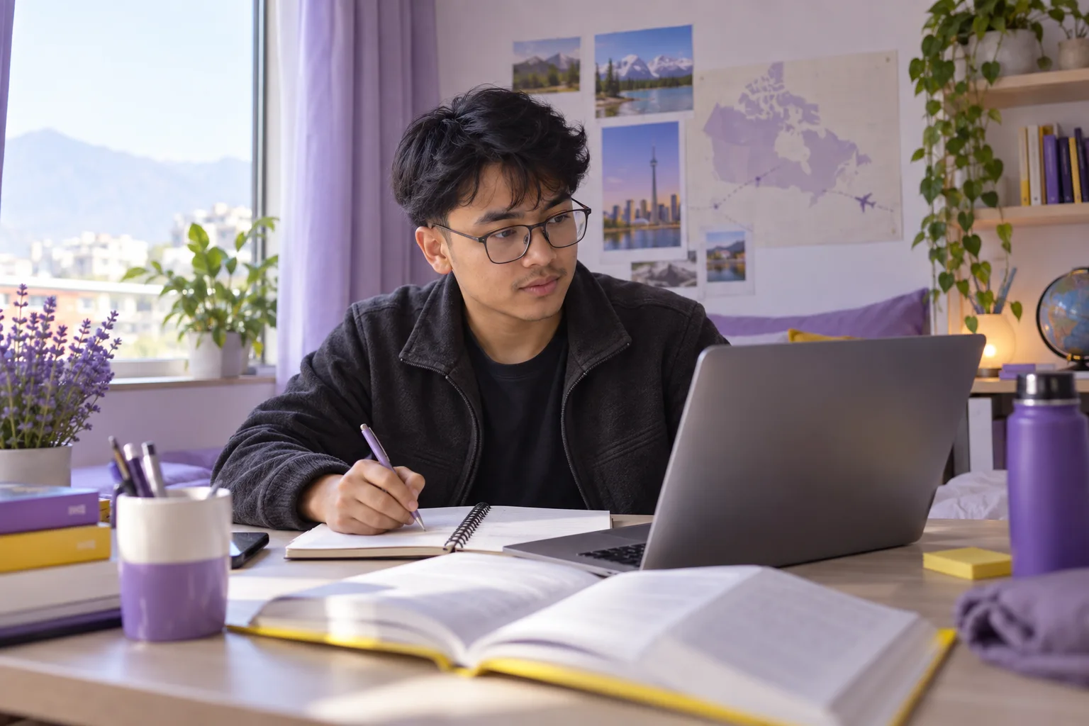 Young Nepali man with glasses comparing Canadian university courses and intake options using a laptop and notebook for Canada study planning