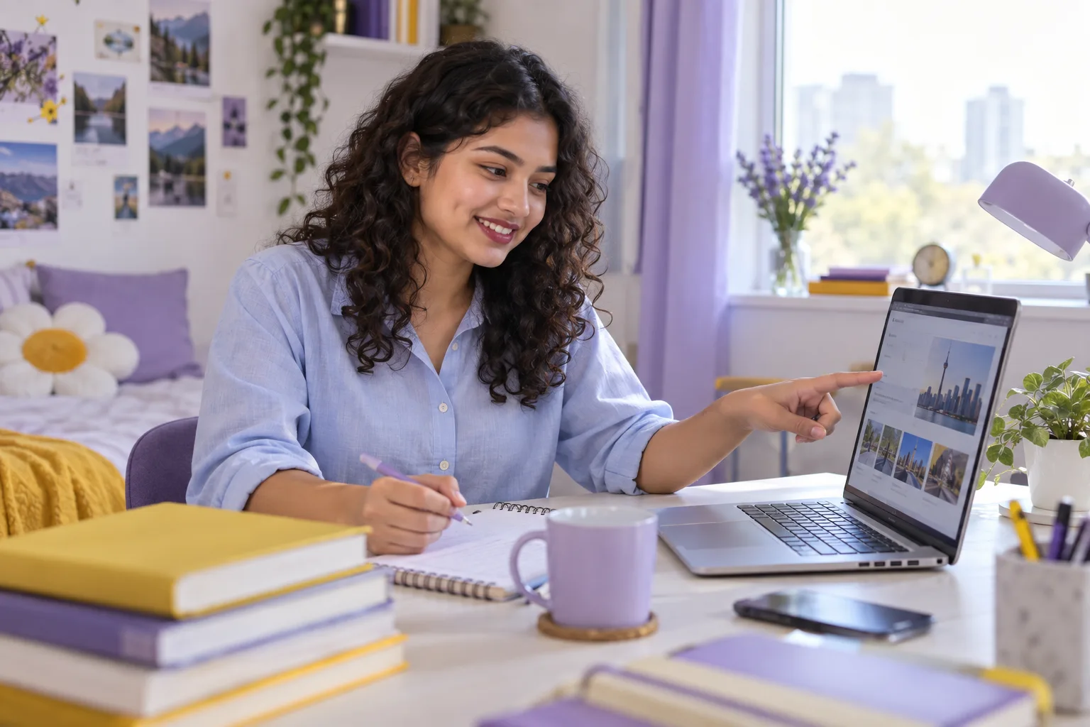 Young Nepali woman with curly hair comparing Canadian university courses and intake options using a laptop and notebook for Canada study planning