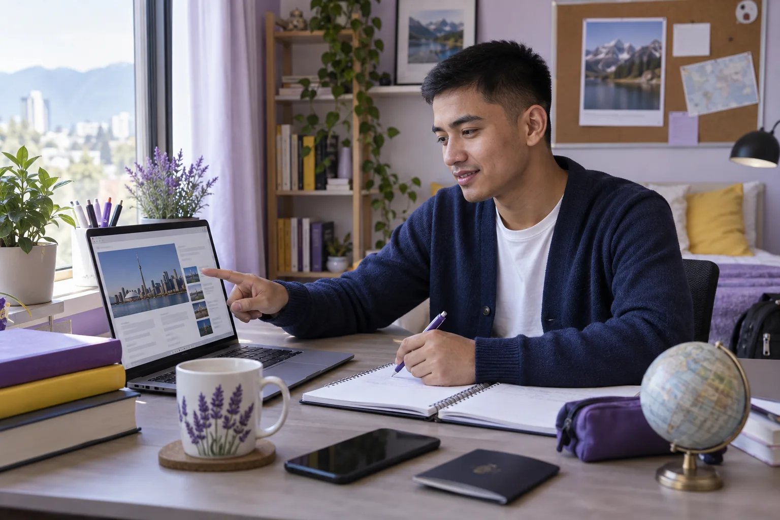 Young Nepali man with cropped hair comparing Canadian university courses and intake options using a laptop and notebook for Canada study planning