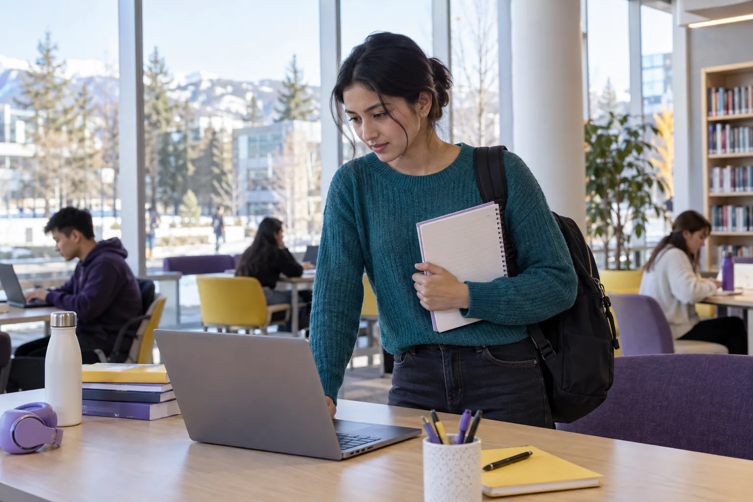 Young Nepali woman with tied-back hair comparing Canadian university courses and intake options using a laptop and notebook for Canada study planning
