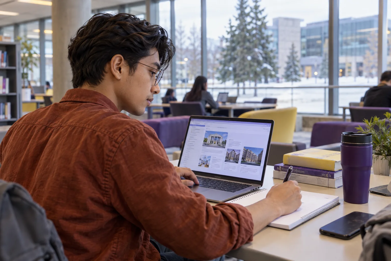 Young Nepali man with swept-back hair comparing Canadian university courses and intake options using a laptop and notebook for Canada study planning