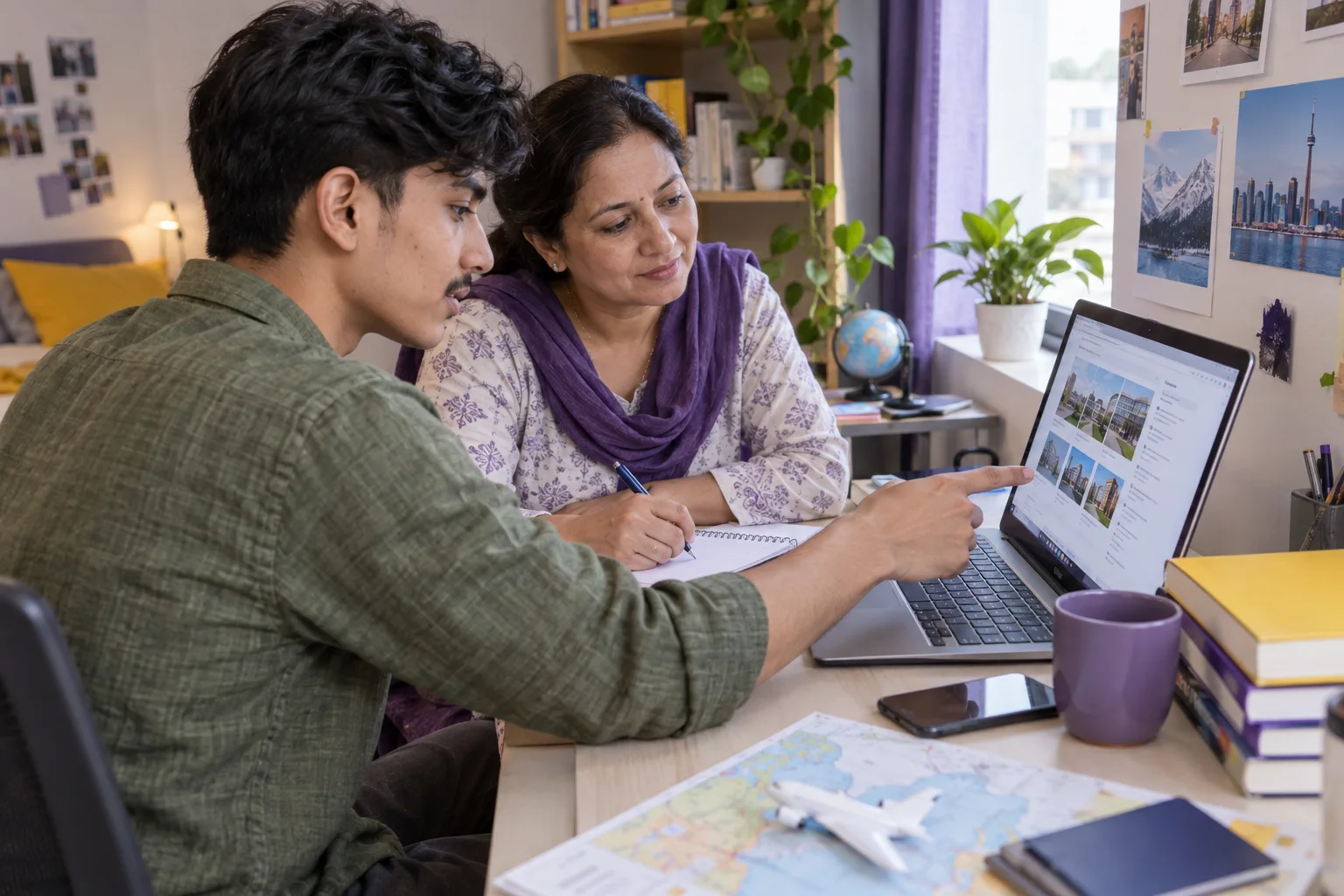 Nepali student discussing plans with a parent comparing Canadian university courses and intake options using a laptop and notebook for Canada study planning