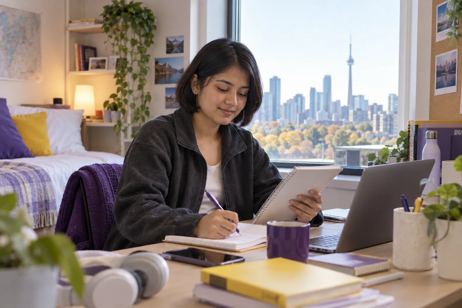 Young Nepali woman with a short bob planning student accommodation and everyday campus life with a notebook and laptop in a welcoming Canada study setting for Canada study planning