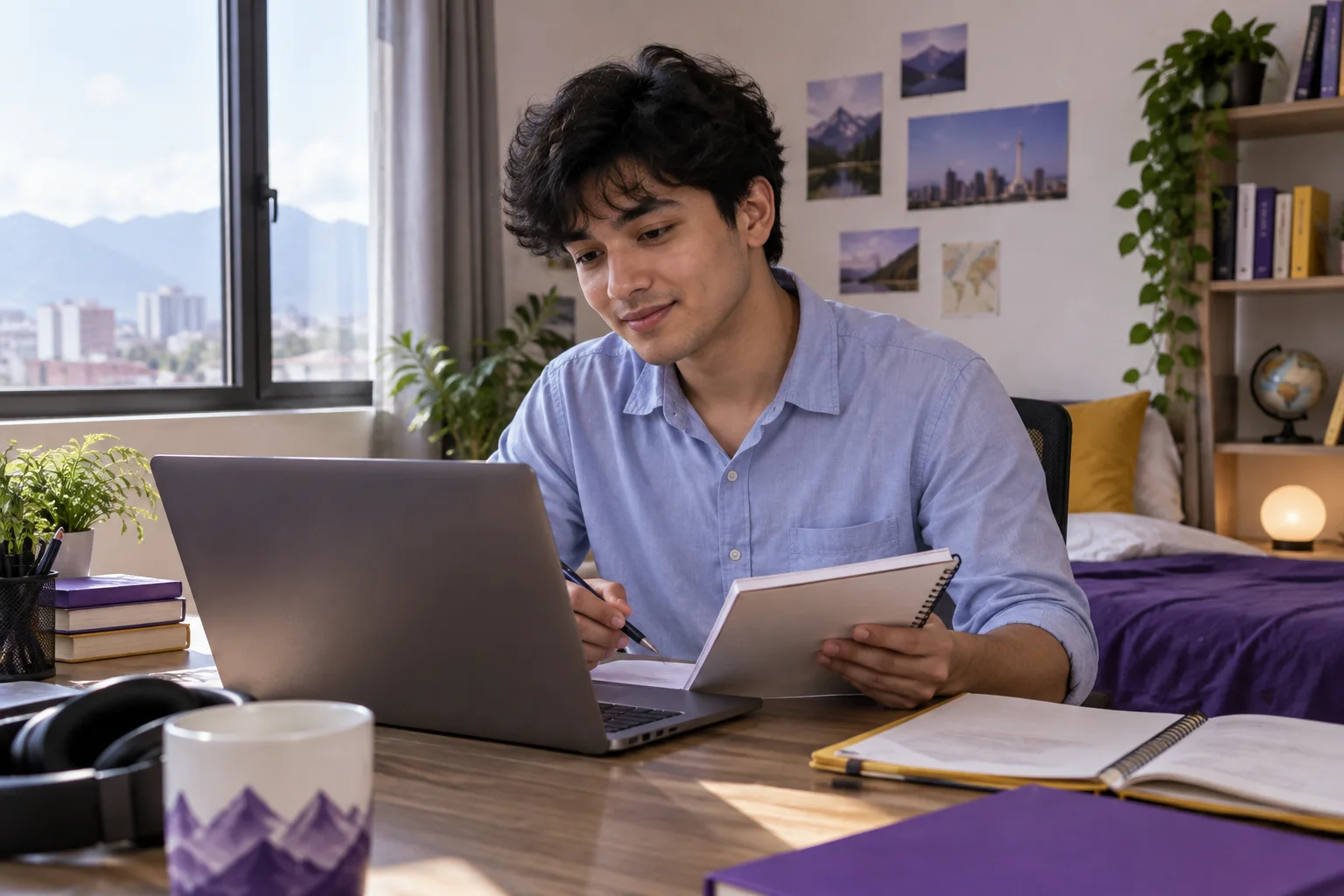 Young Nepali man with wavy hair comparing Canadian university courses and intake options using a laptop and notebook for Canada study planning