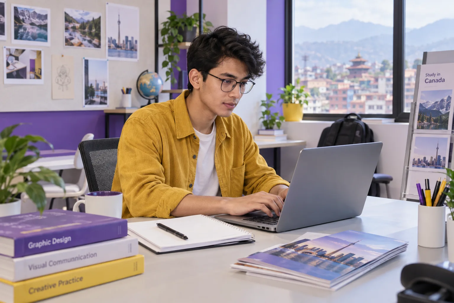 Young Nepali man with glasses comparing Canadian university courses and intake options using a laptop and notebook for Canada study planning